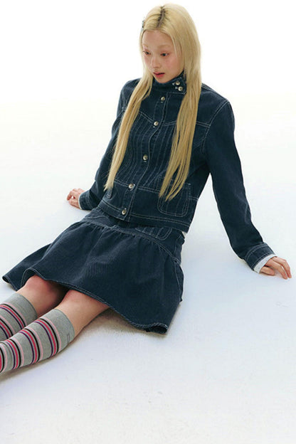 Pleated Denim A-Line Skirt