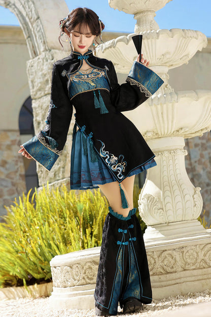 Cyberpunk Chinese-Style Lolita Top + Strapped Dress + Skirt + Leg Covers