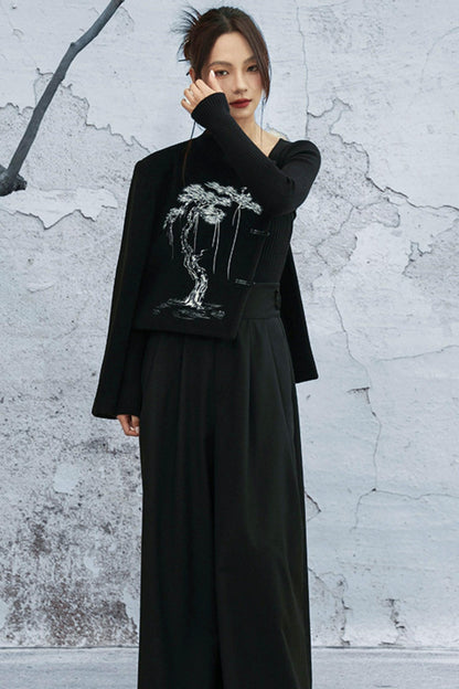 ブラックエンブロイダードウールンコート