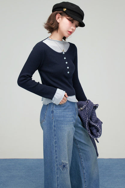 カジュアルコントラストタイトトップス