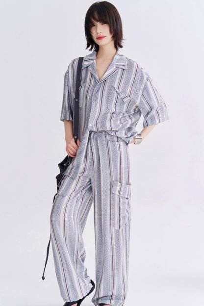 レトロプリントショートスリーブシャツセットアップ