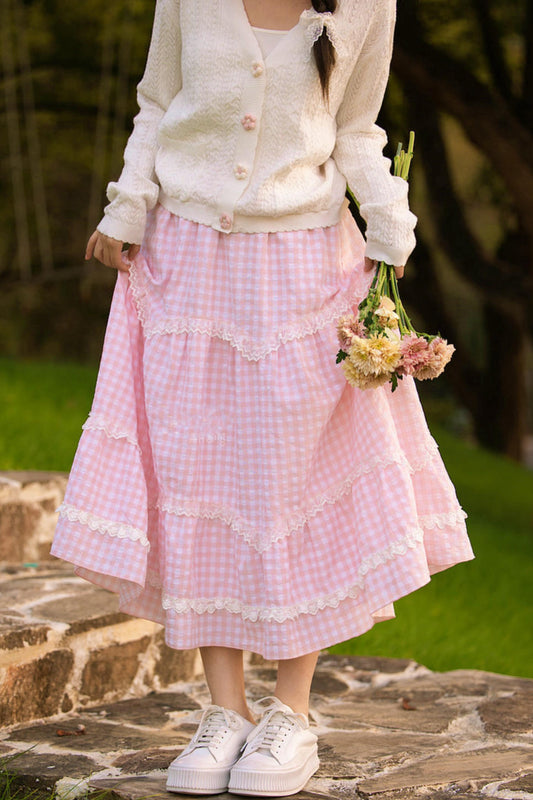 레이스 체크 롱 스커트