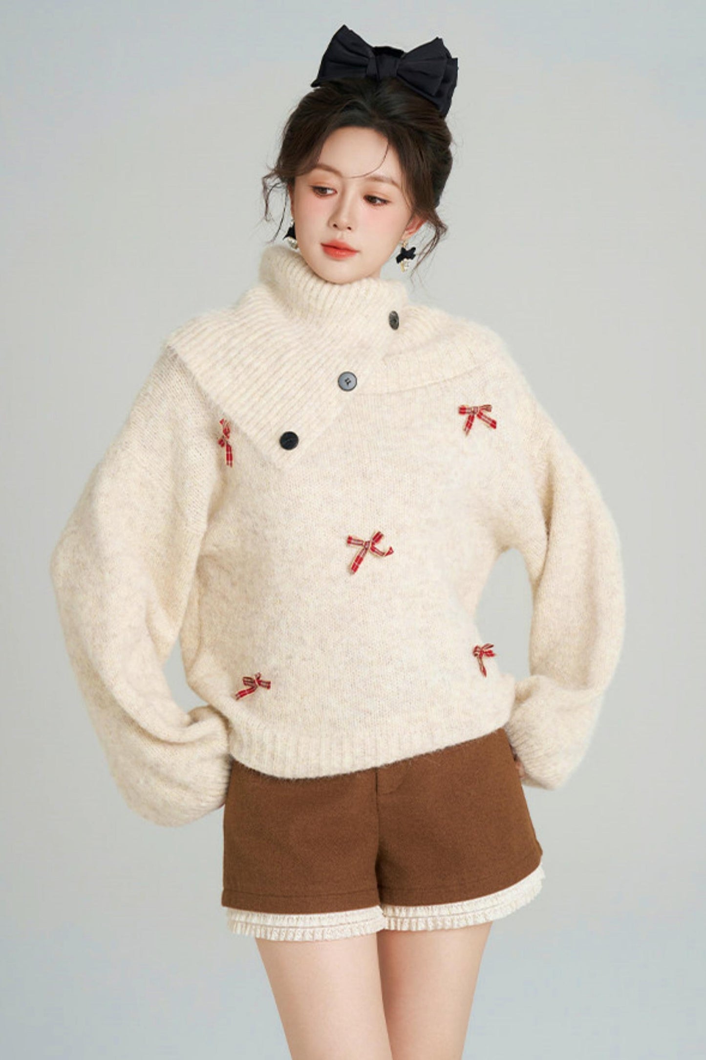 リボンフレンチニットセーター+ショートパンツ