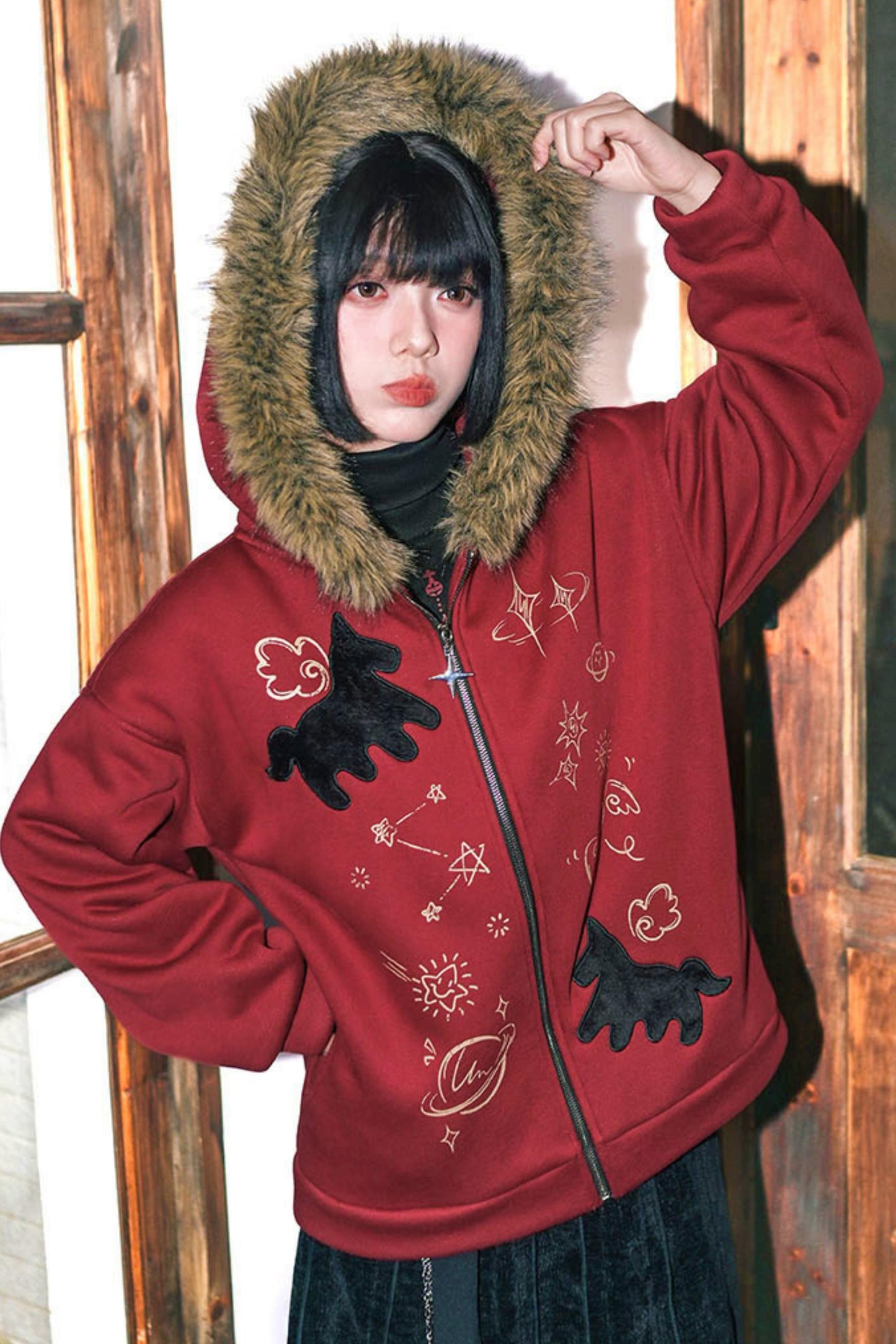 グラフィティファーカラーフーデッドフリースジャケット