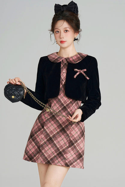 French Retro Plaid Doll Collar Dress