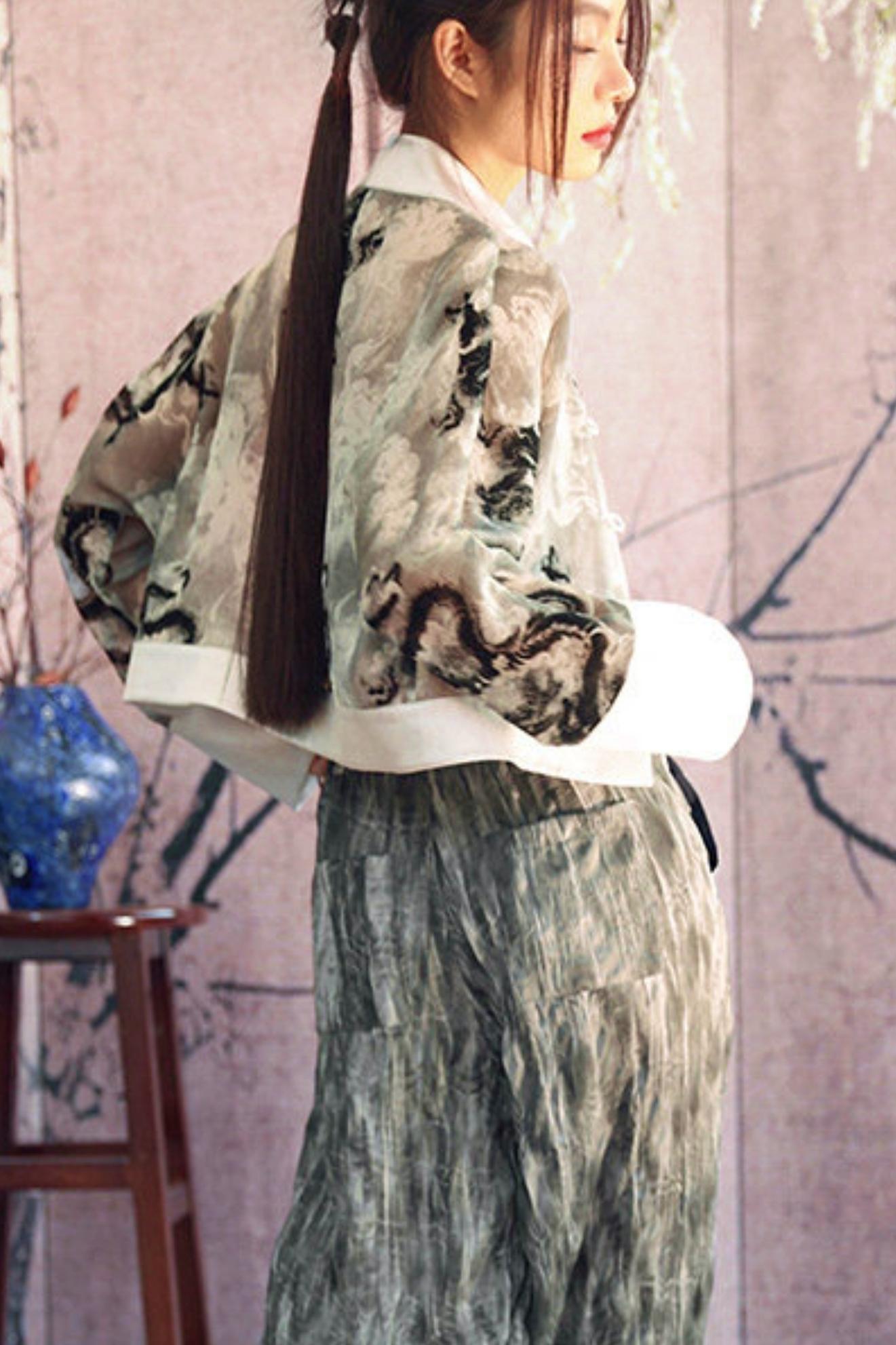 Gray Gradient Crinkled Wide Pants