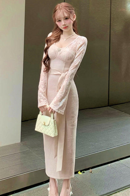 Lace Waist Slim Fit Dress + Fur Coat