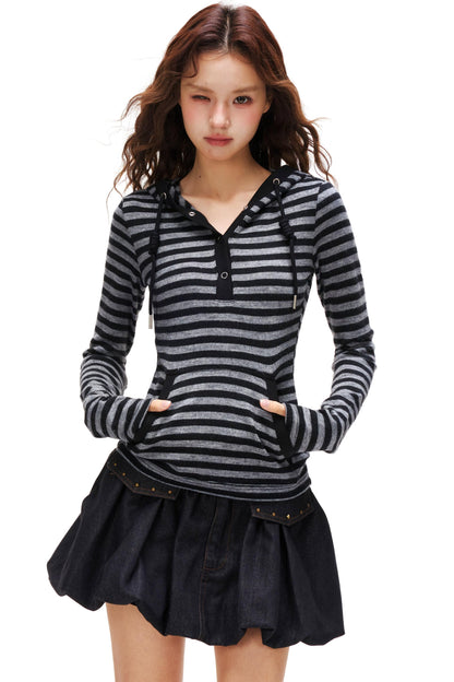 ボーダーフードスリムトップス