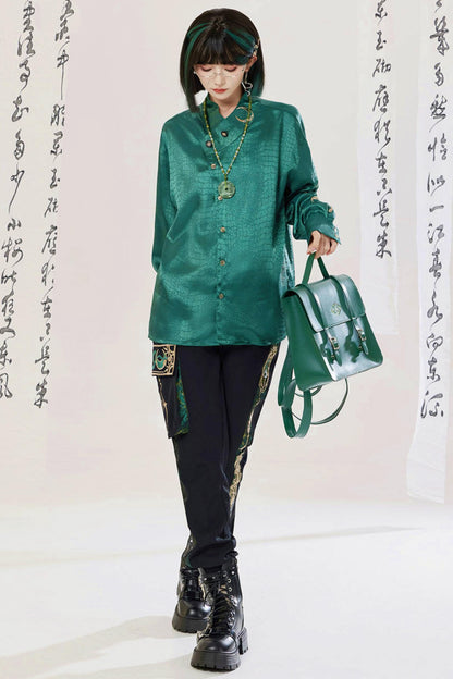 Jade Moon Dragon Embroidered Chinese Shirt + Moon Pocket Pants
