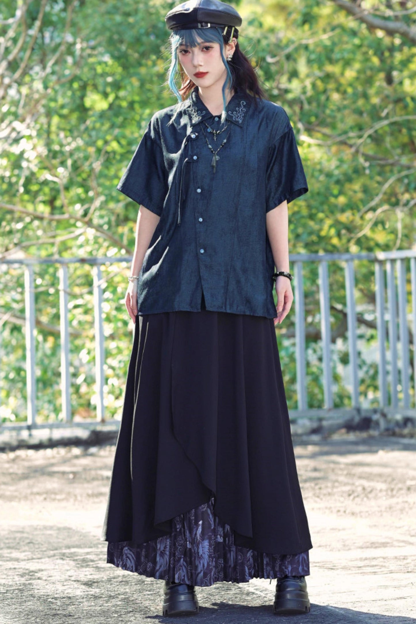 Embroidered Color Asymmetrical Chinese-Style Shirt