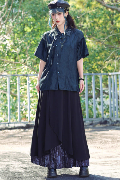 Embroidered Color Asymmetrical Chinese-Style Shirt