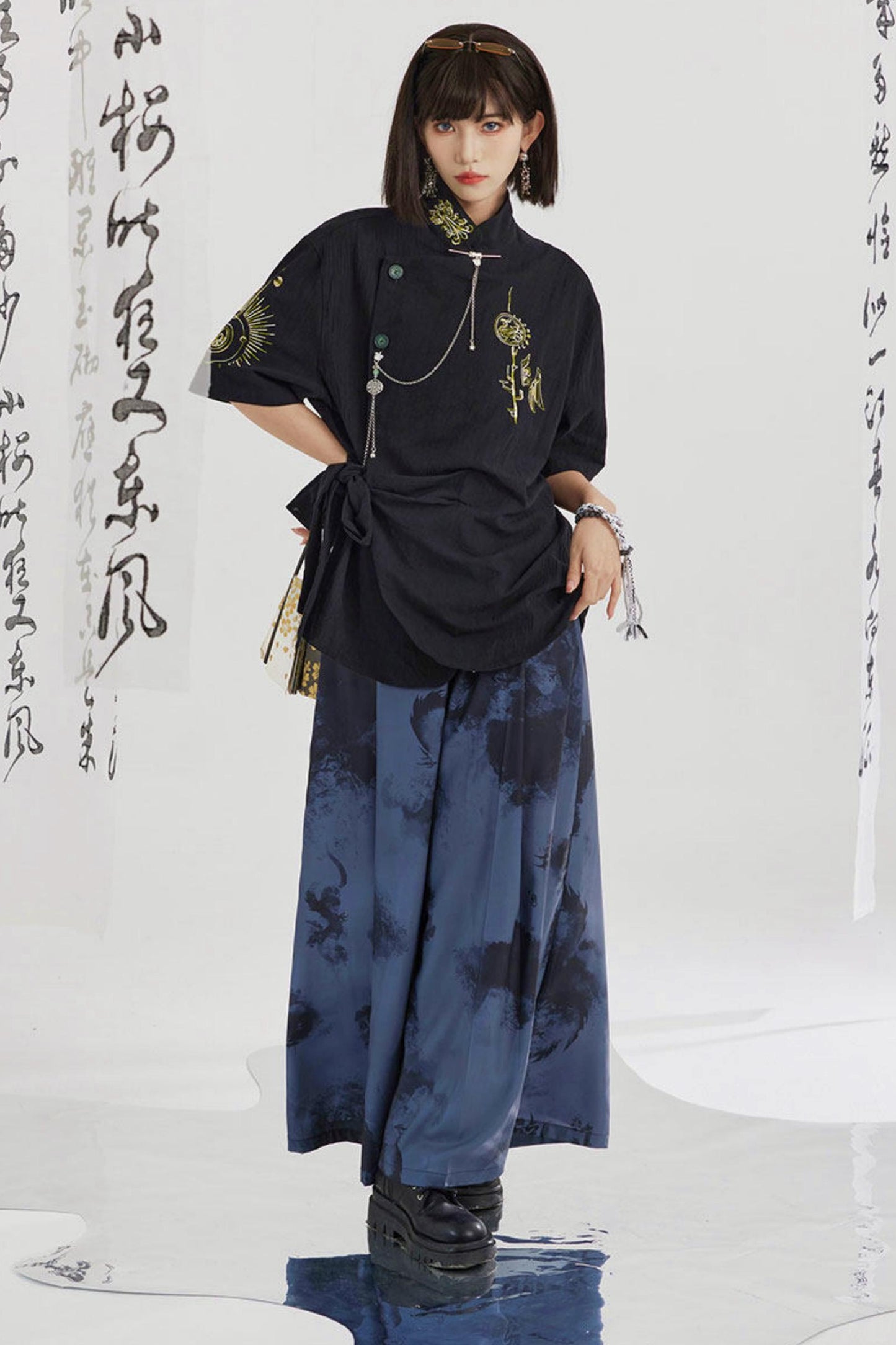 Black and Gold Oriental Ribbon Shirt + Chinese Wide-Leg Pants