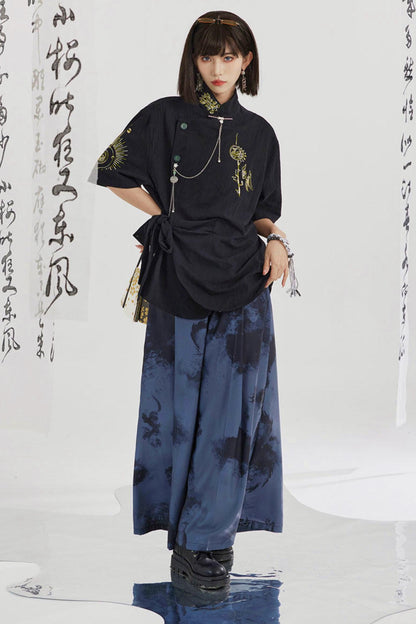 Black and Gold Oriental Ribbon Shirt + Chinese Wide-Leg Pants