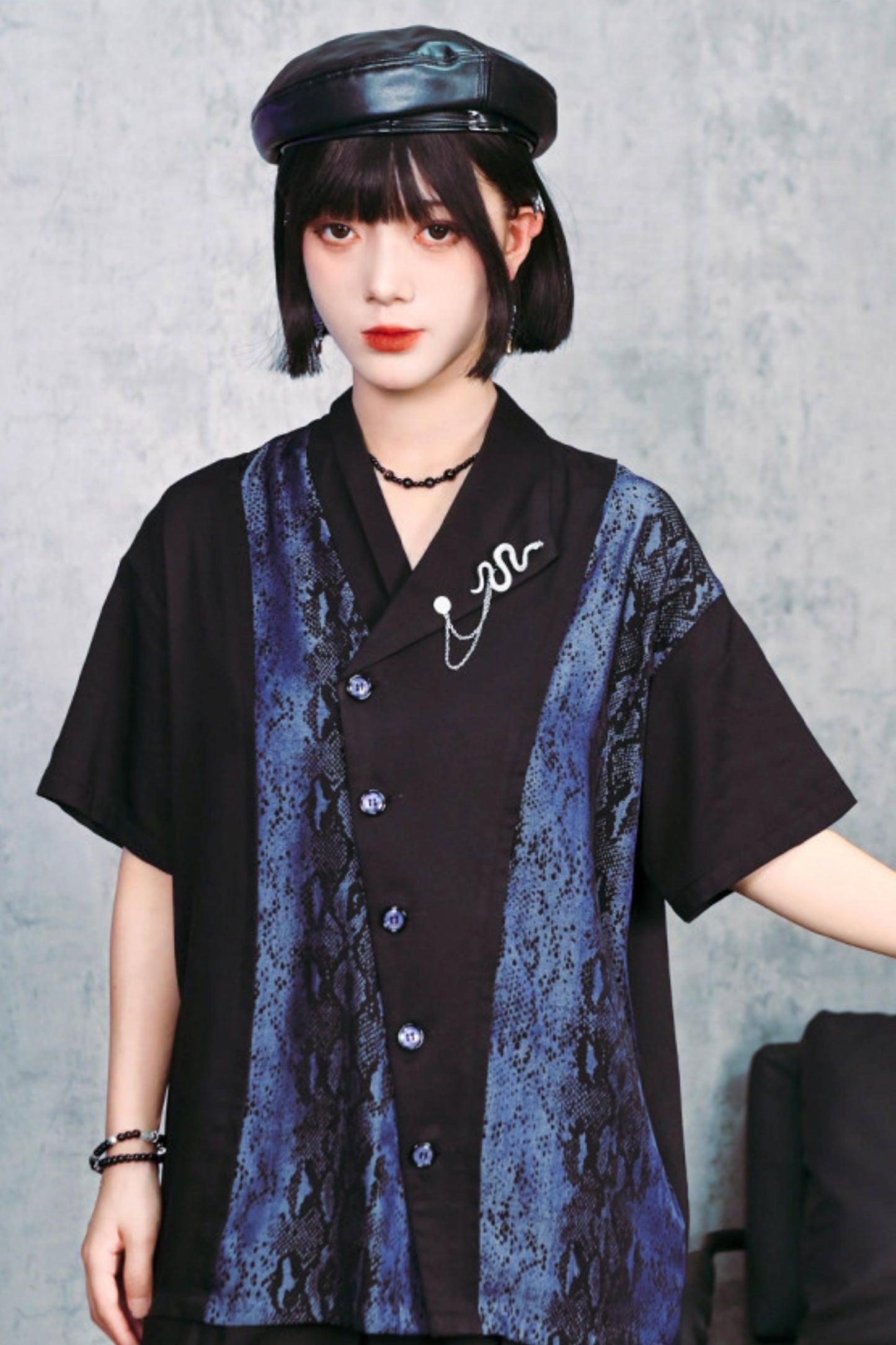 Asymmetrical Collar Snake Print Shirt (with Snake Motif Brooch)