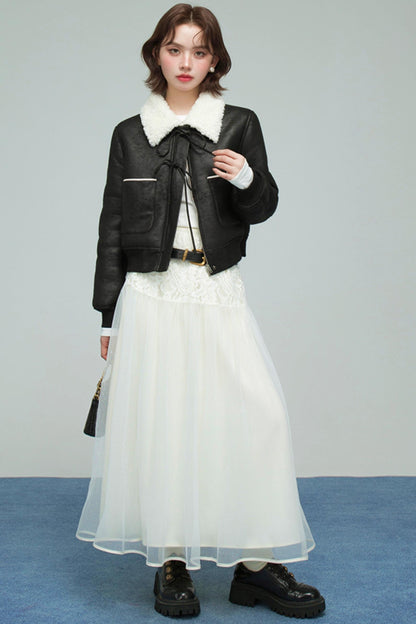 カラーブロックドシアリングコート