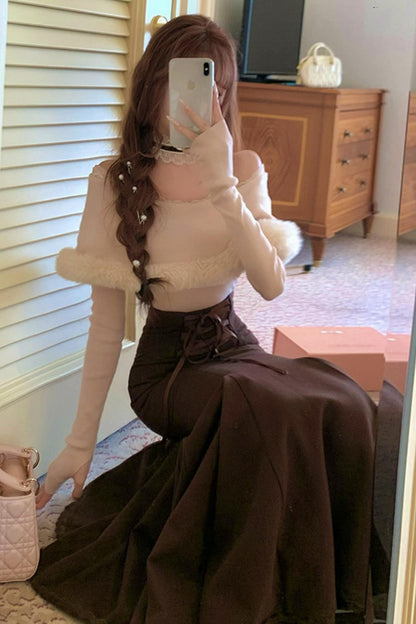 Elegant off-the-shoulder knit + mermaid skirt