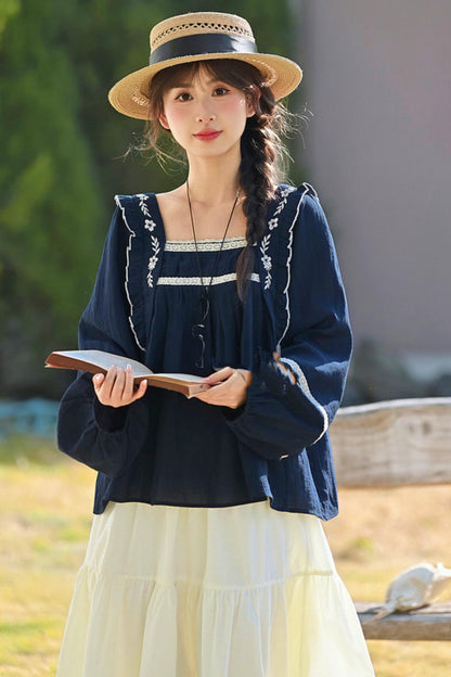 Lace Embroidered Square Collar Blouse
