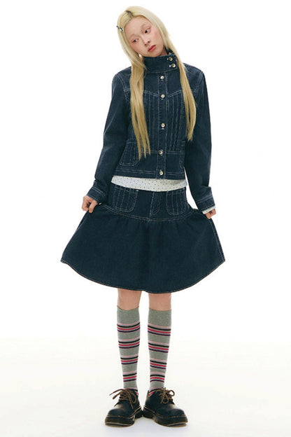 Pleated Denim A-Line Skirt