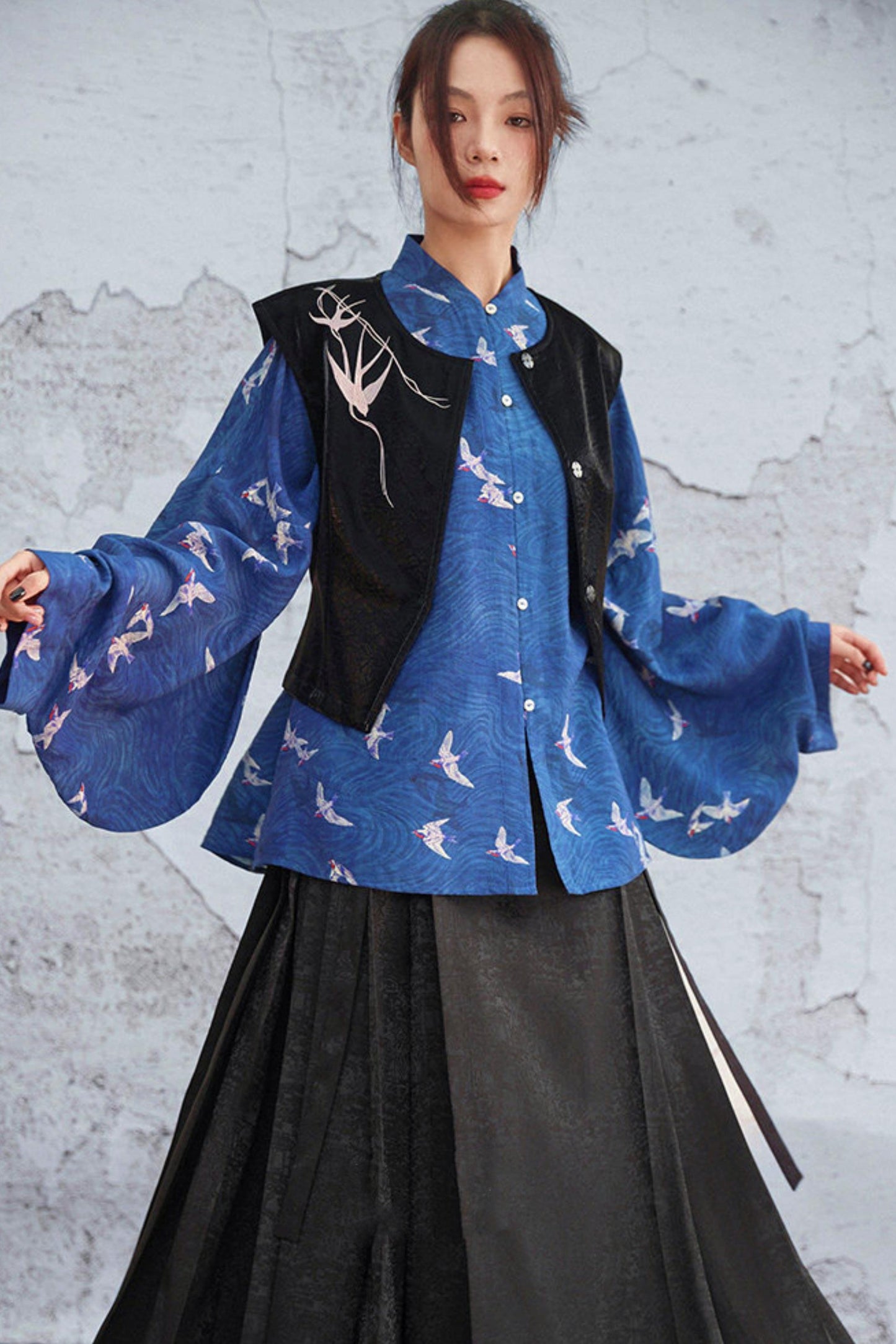 Dark Blue Retro Bird Pattern Stand Collar Shirt