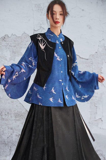 Dark Blue Retro Bird Pattern Stand Collar Shirt