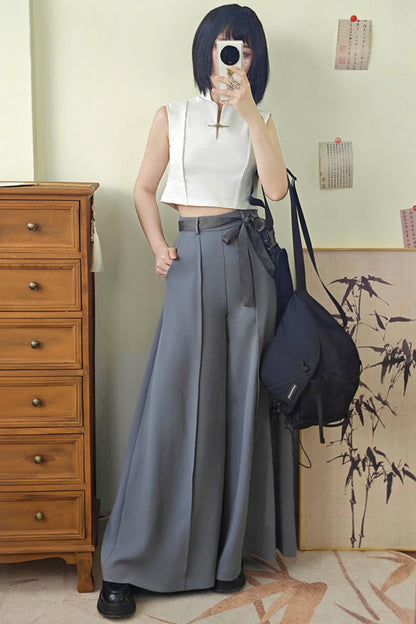 [Pre-order] Black/Beige/Gray Cyber Chinese-Style Wide-Leg Pants