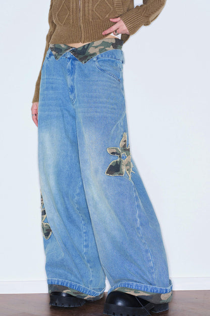 Camouflage Patchwork Embroidered Jeans