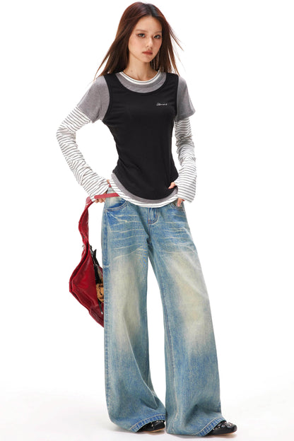 レトロレオパードパッチワークデニムパンツ