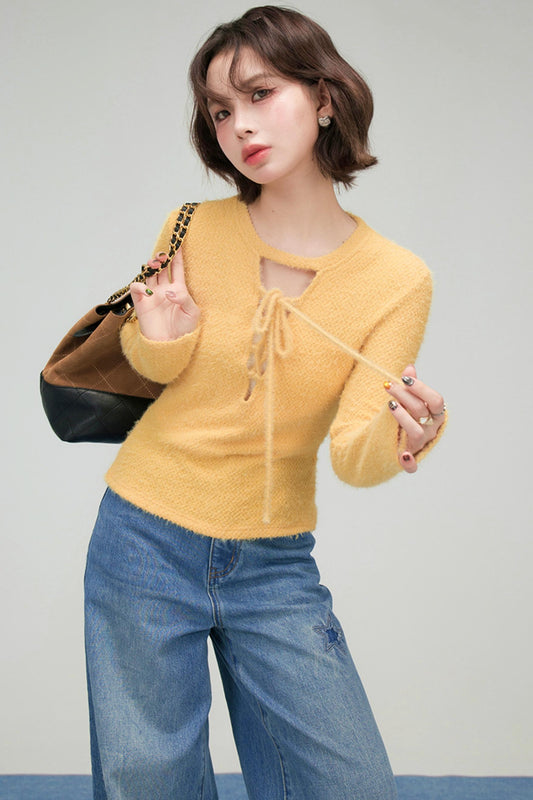 プチハニーリボンカラーニットトップス