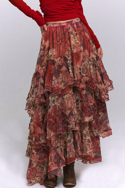 Red Floral Tiered Skirt
