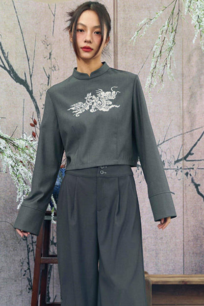 Gray x Black Embroidered High-Waist Wide-Leg Pants