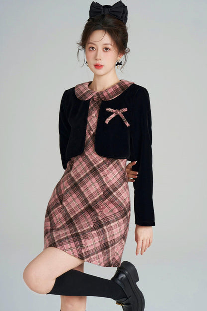 French Retro Plaid Doll Collar Dress