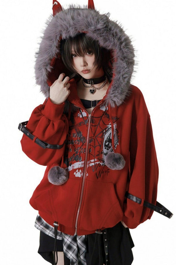 Red Furry Fleece Jacket + Top + Skirt + Accessories