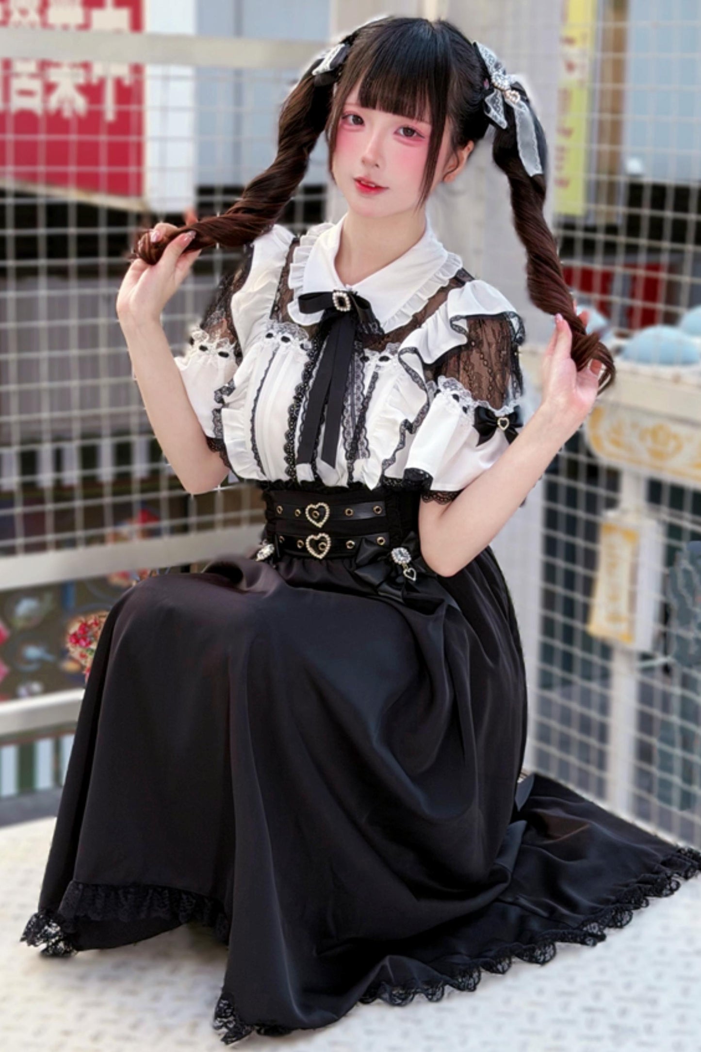 Elegant Lace Dark Kawaii Blouse + Heart Ring Long Skirt