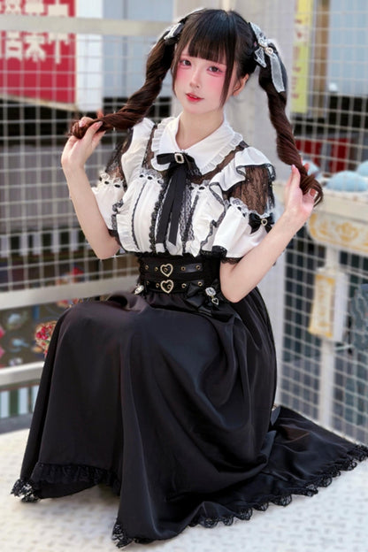 Elegant Lace Dark Kawaii Blouse + Heart Ring Long Skirt