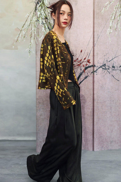 Schwarz-goldene kurze China-Jacke aus Jacquard