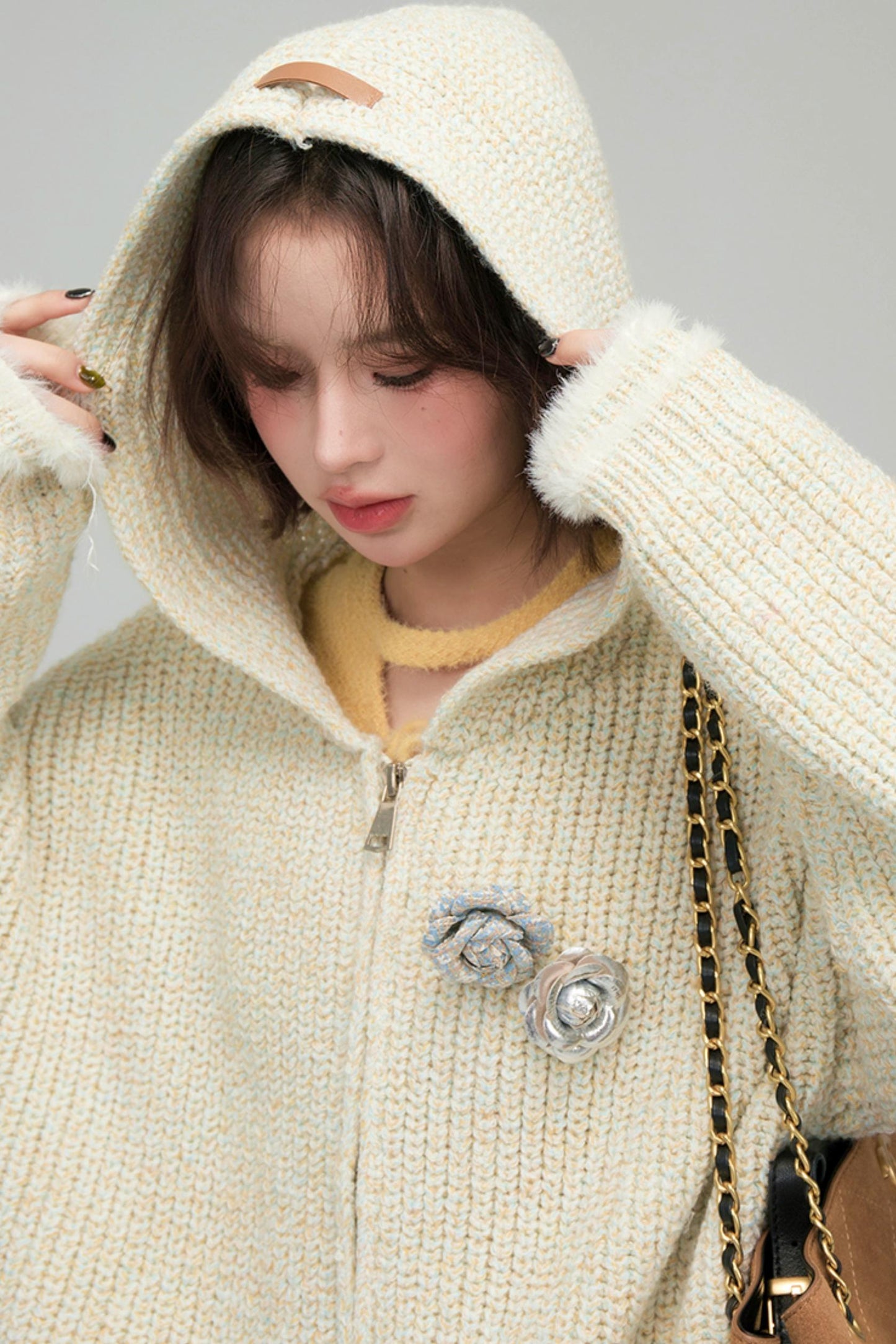 アプリコットニットジッパーカーディガン