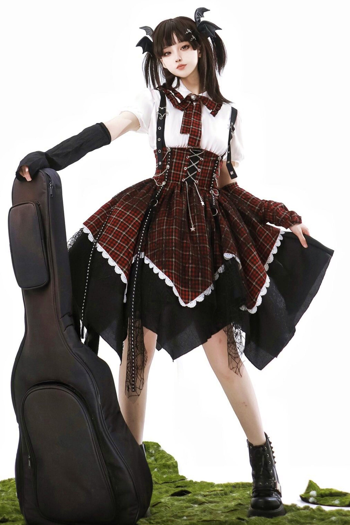 Gothic-Schulidol-Lolita-Trägerrock + Hemd + Ärmel
