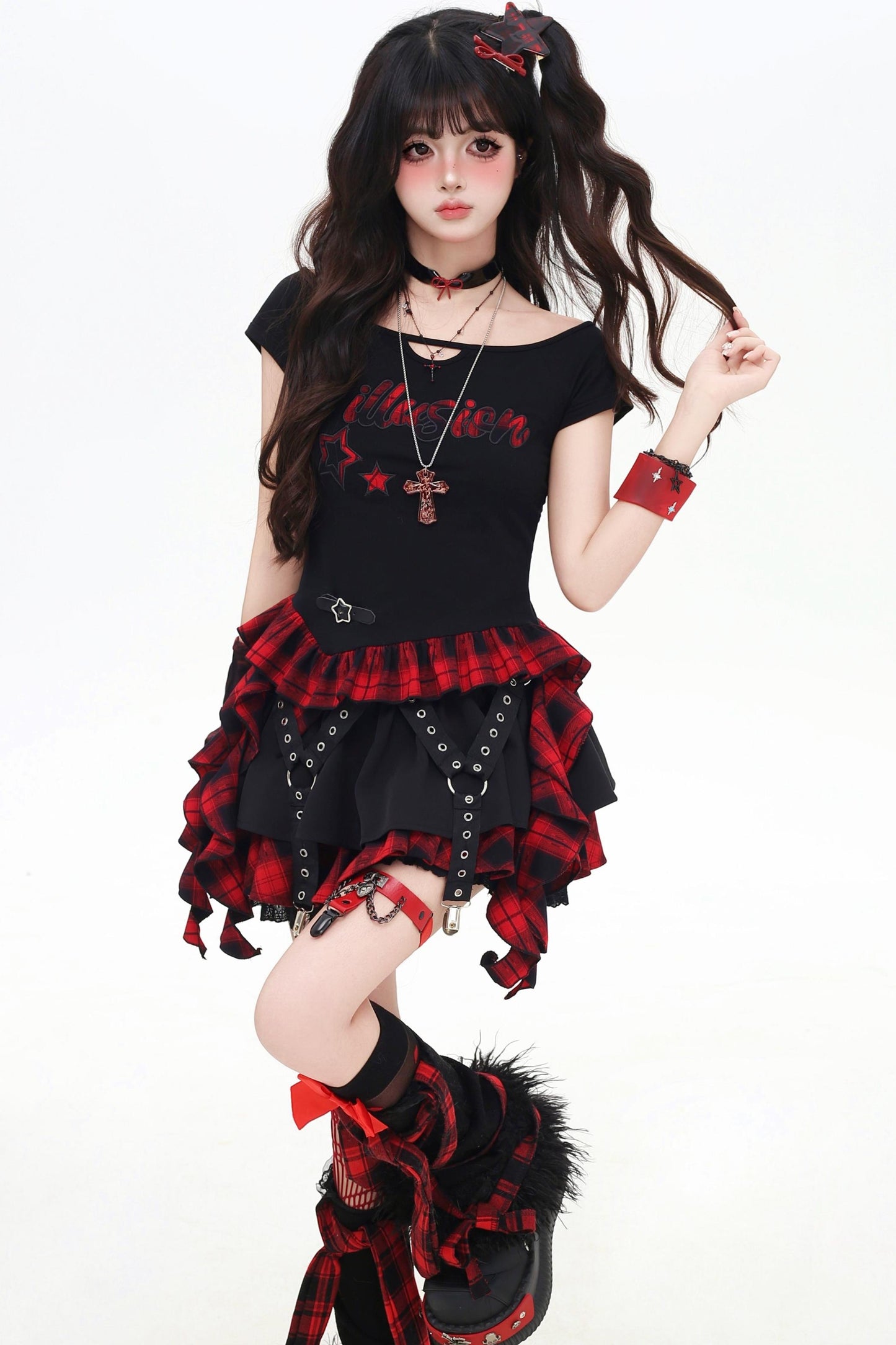 チェックリボンスリムTシャツセットアップ