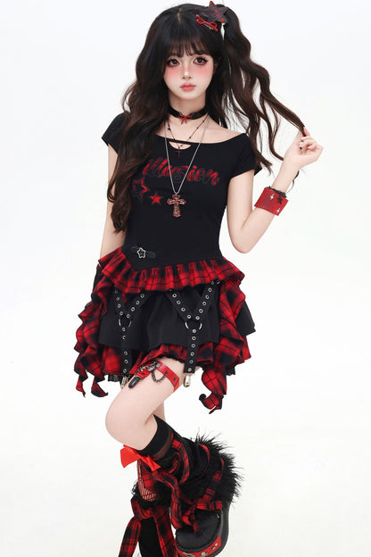 チェックリボンスリムTシャツセットアップ