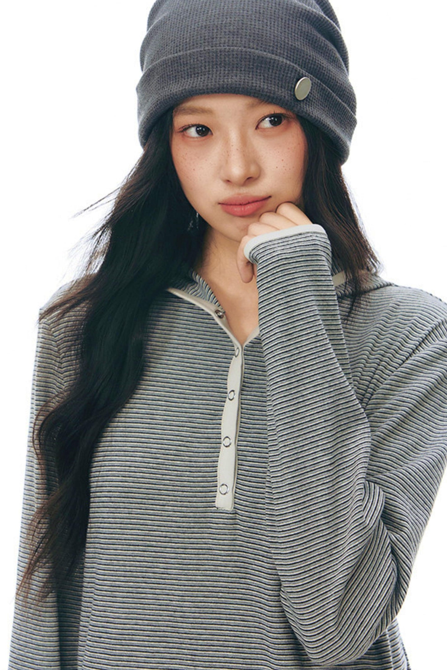 ストライプドフーデッドニットトップス