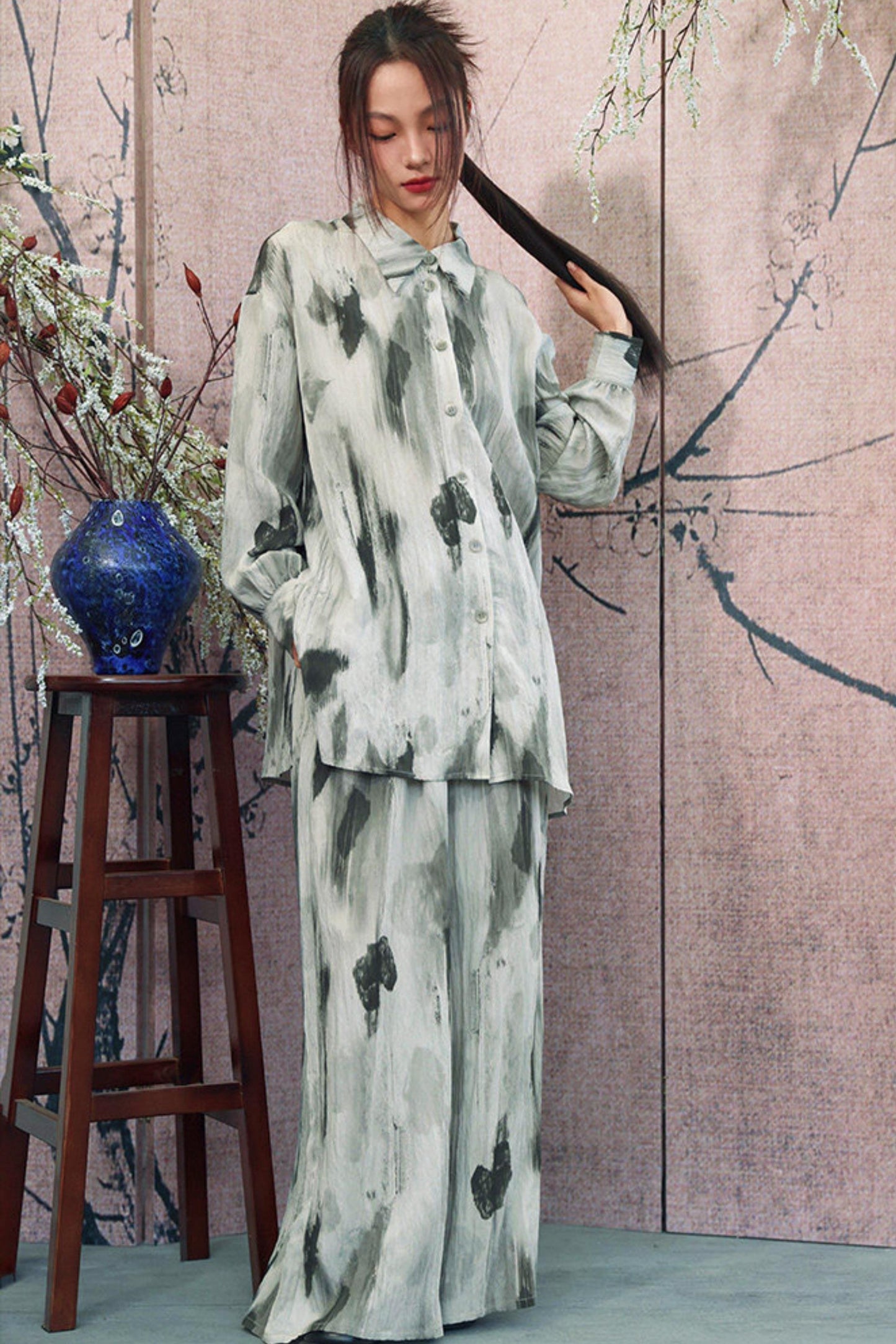 Gray Gradient Print Blouse + Easy Pants