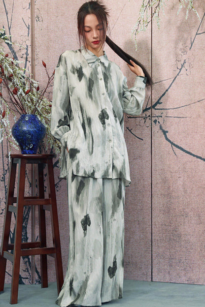 Gray Gradient Print Blouse + Easy Pants