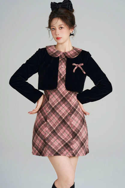 French Retro Plaid Doll Collar Dress