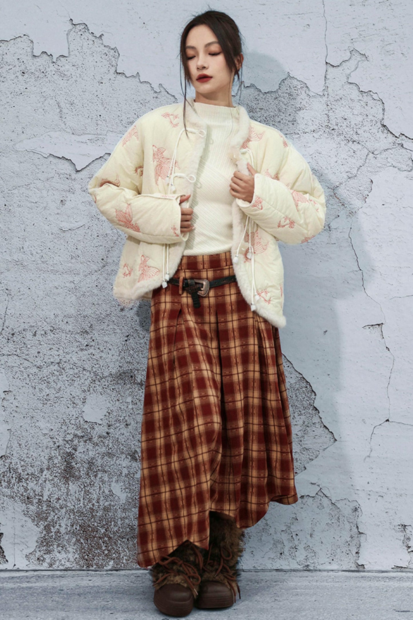 ダブルウエスティッドプラッドスカート