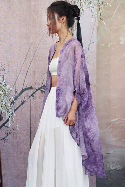 Lila Farbverlauf-Strickjacke mit transparentem Rücken und langem Chiffonhemd-Design