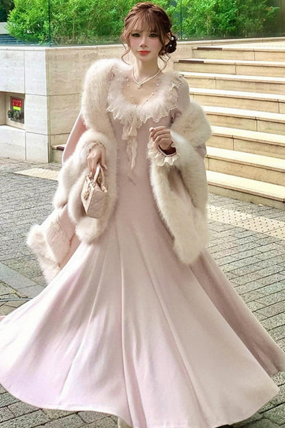 Lace Trimmed Feather Knit Dress