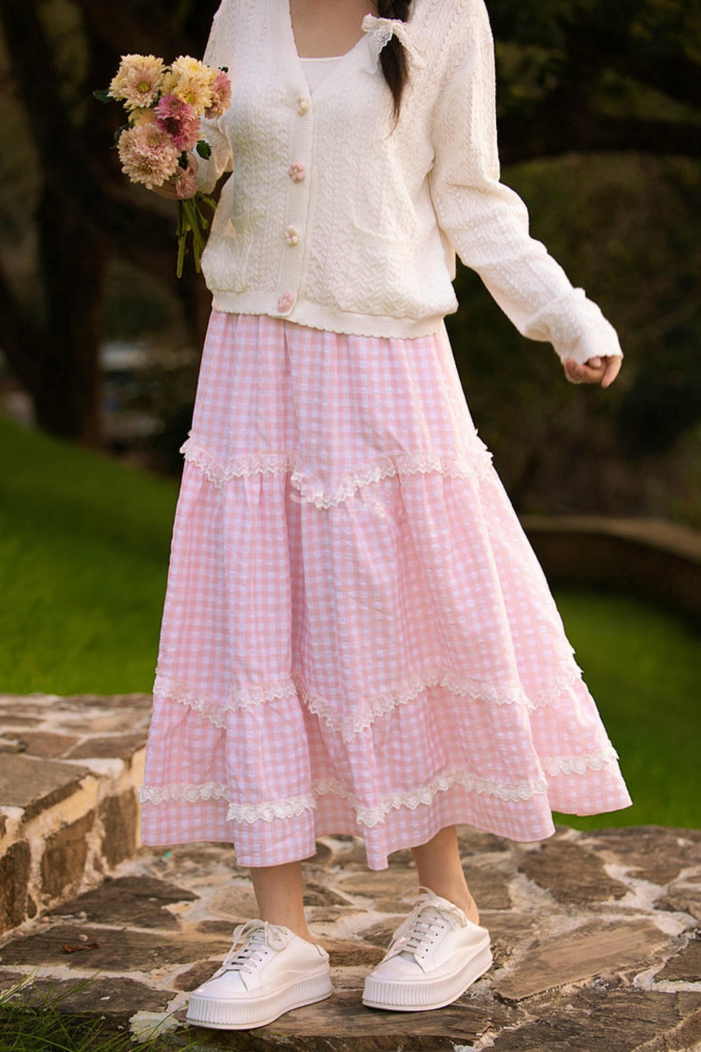 레이스 체크 롱 스커트