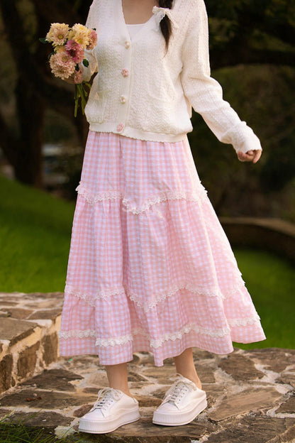 레이스 체크 롱 스커트