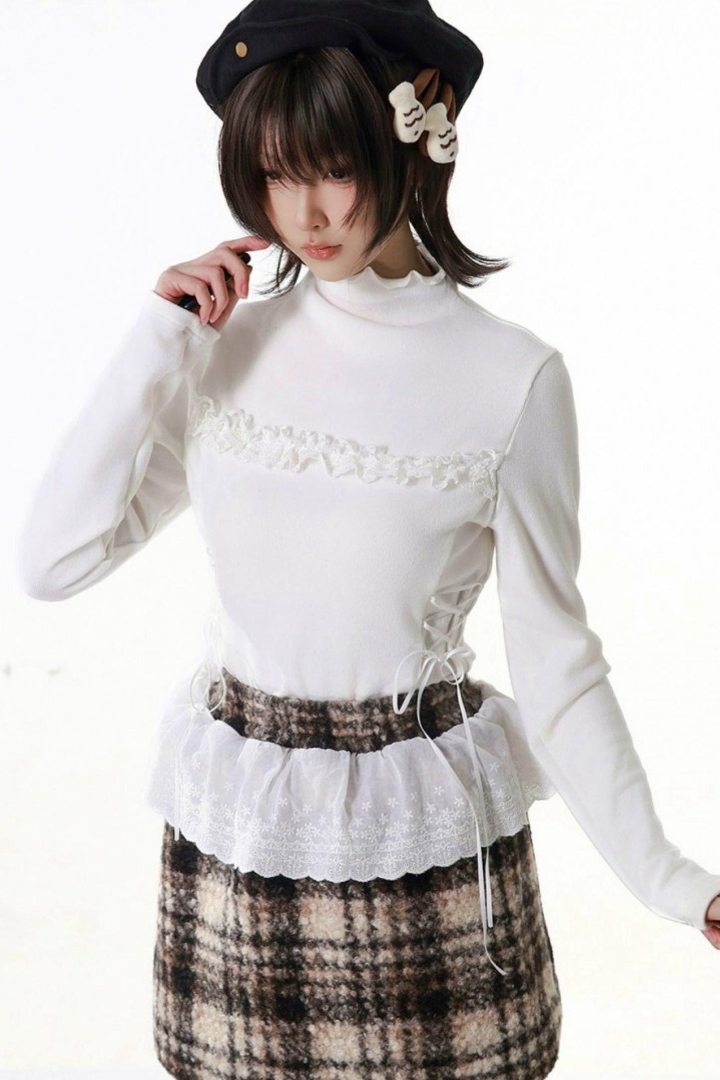 Plaid Skirt + Coat + Top + Leg Warmers