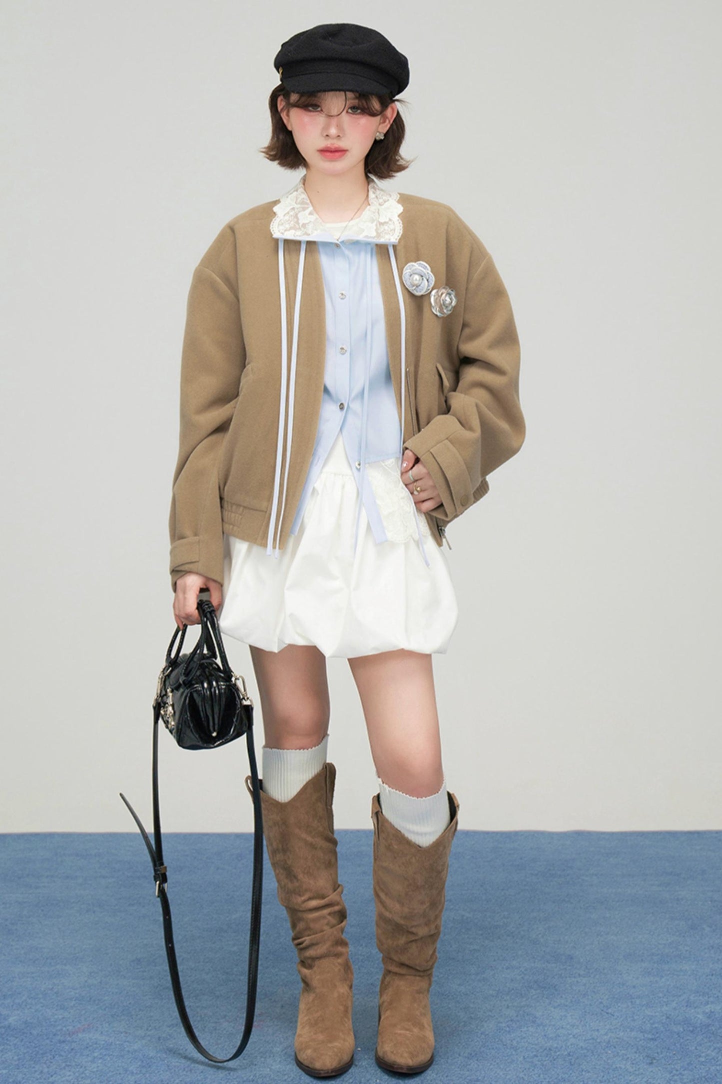 レースリボンラッフルドブラウス